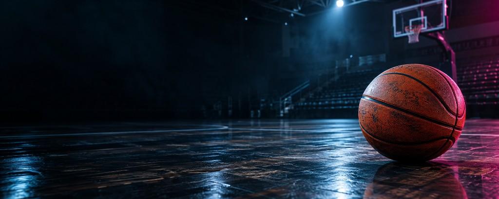 A basketball resting on a polished court under arena lights